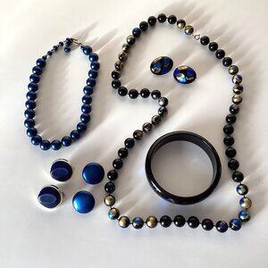 Vintage 2 Blue Necklaces 3 Sets of Blue Earrings + Bracelet Women's Accessories